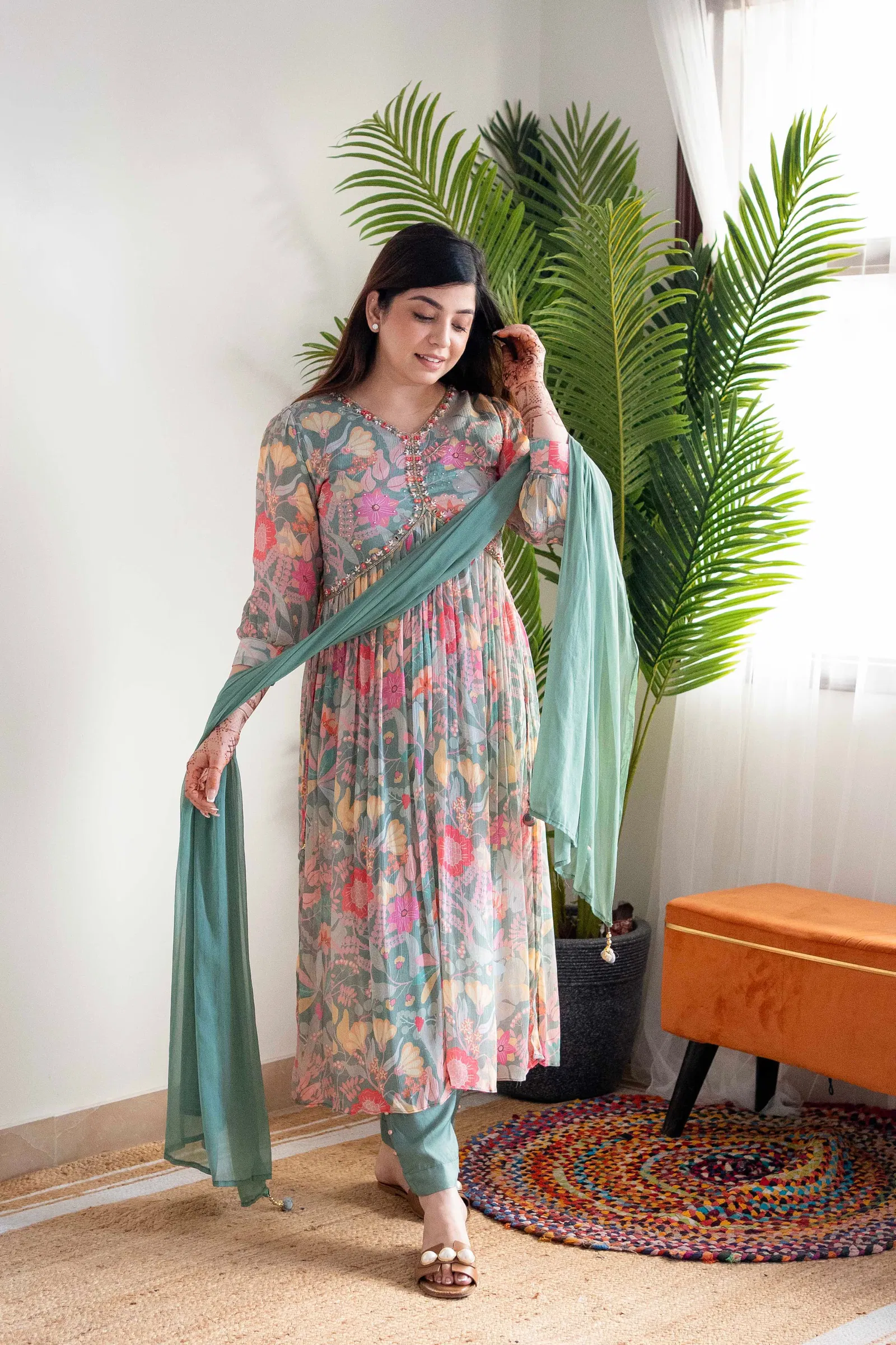 Mehera Green Floral Alia Cut Kurti With Bottom Catalog